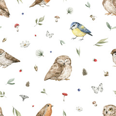 Watercolor seamless pattern with forest birds and natural elements. Owl, sparrow, tit, robin bird, plant, leaf, flowers. Woodland creatures in the wild. Illustration for nursery, wallpaper