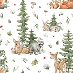 Watercolor seamless pattern with forest animals and natural elements. Deer, fox, raccoon, rabbit, green trees, pine, fir, flowers. Woodland creatures in the wild. Illustration for nursery, wallpaper © Kate K.