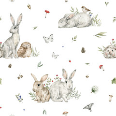 Watercolor seamless pattern with forest animals and natural elements. Baby rabbit, hare, bunny, birds, plant, leaf, flowers. Woodland creatures in the wild. Illustration for nursery, wallpaper