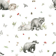 Watercolor seamless pattern with forest animals and natural elements. Raccoon, badger, hare, plant, leaf, flowers. Woodland creatures in the wild. Illustration for nursery, wallpaper