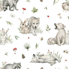 Watercolor seamless pattern with forest animals and natural elements. Baby wolf, rabbit, hare, plant, leaf, flowers. Woodland creatures in the wild. Illustration for nursery, wallpaper