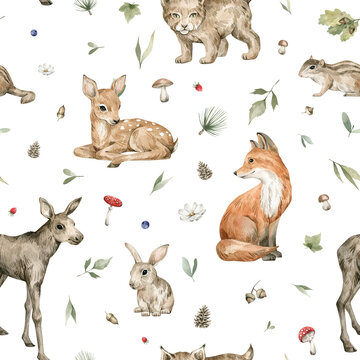Watercolor seamless pattern with forest animals and natural elements. Deer, fox, moose, rabbit, lynx, plant, leaf, flowers. Woodland creatures in the wild. Illustration for nursery, wallpaper