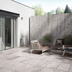 Modern interior design, garden with gray tiles, seamless, luxurious background.