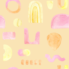 Abstract hand painted boho shapes painting, modern pastel coloured paint, watercolour seamless pattern, wrapping paper, background. Fun and creative colourful geometry shapes