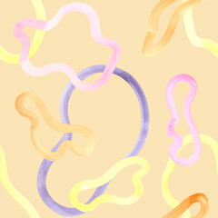 Abstract hand painted boho shapes painting, modern pastel coloured paint, watercolour seamless pattern, wrapping paper, background. Fun and creative colourful geometry shapes