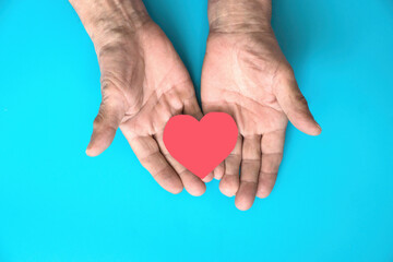 In the hands of an elderly man, a red heart cut out of paper on a blue background. Retiree takes...