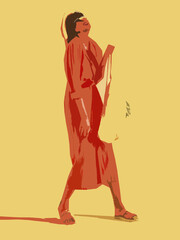 Girl on a yellow background in a red dress, hat and with a bag in his hands