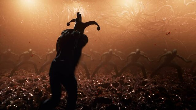 A nightmarish but hilarious clown dances in his nightmarish dungeon with his faithful zombies. The concept of creepy monsters in an ancient cave. Animation perfect for scary, fantasy backgrounds.