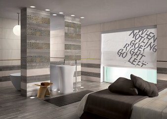Modern interior design, master roon with gray tiles, seamless, luxurious background.