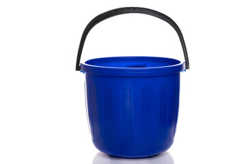 empty blue plastic bucket with a black handle on a white isolated background