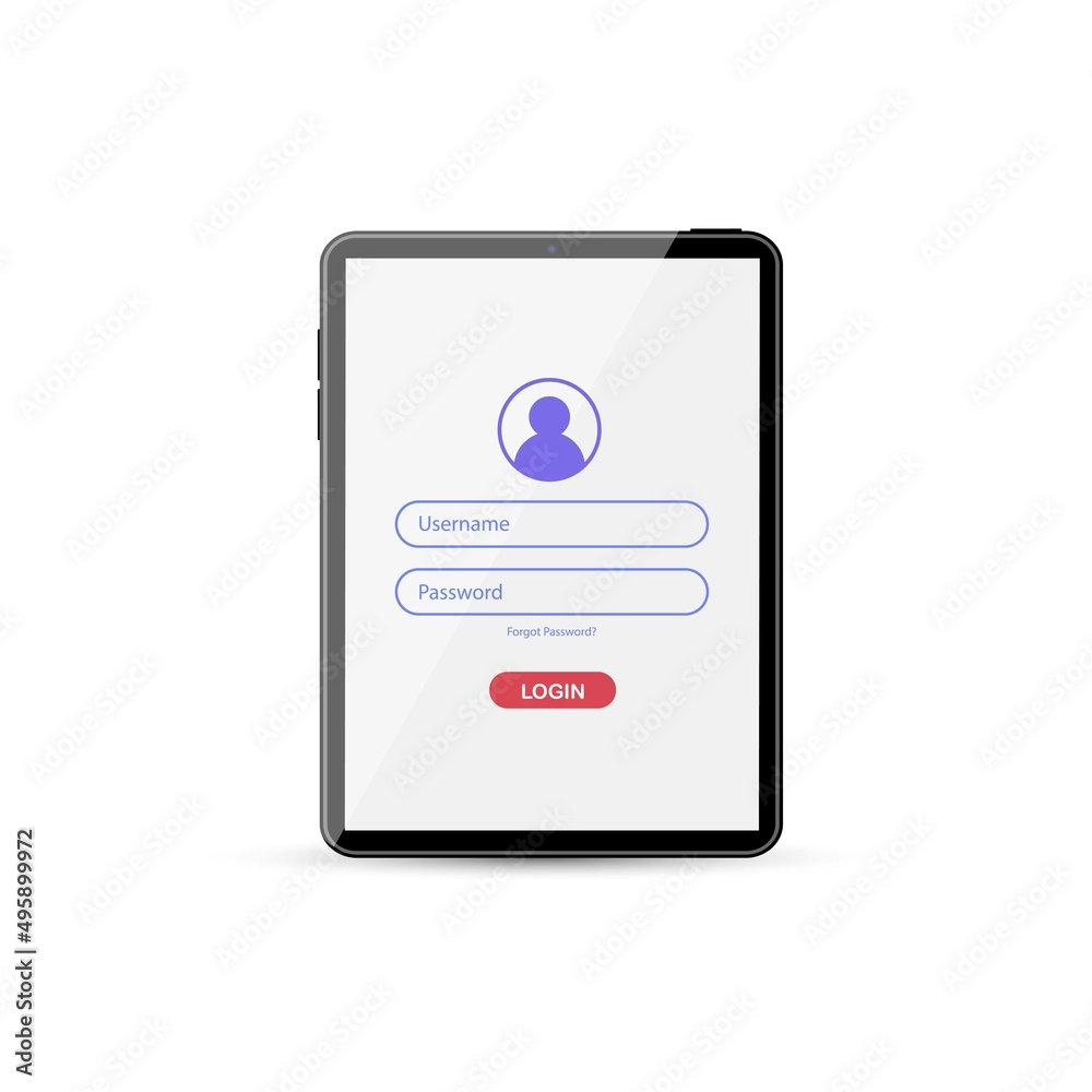 Poster log in screen on tablet. application interface, registration form with login and password fields. we