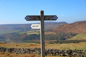 Wooden Bridleway Sign showing the Cleveland Way long distance footpath. North Yorkshire, England, UK.