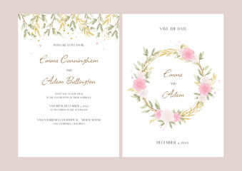 Set of cards with floral rose, leaves. Wedding design concept. Flower poster, invitation. Vector decorative background for card or invitation design
