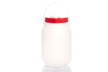 plastic white bucket with a red lid and a handle on a white isolated background