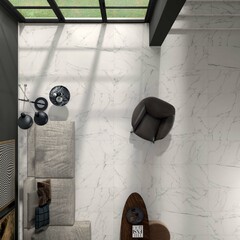 Modern interior design, room with stone tiles, top view, seamless, luxurious background.