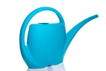 plastic watering can of blue color on a white isolated background