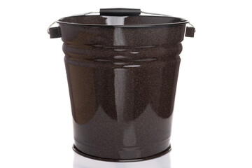 new metal brown enameled bucket with a lid on a white isolated background