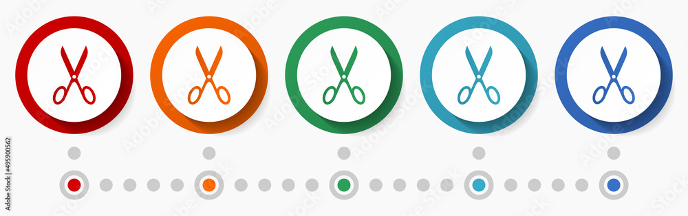Poster Scissors concept vector icon set, flat design colorful buttons, infographic template in 5 color options