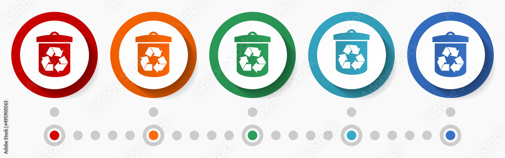 Poster recycling, recycle concept vector icon set, flat design colorful buttons, infographic template in 5 