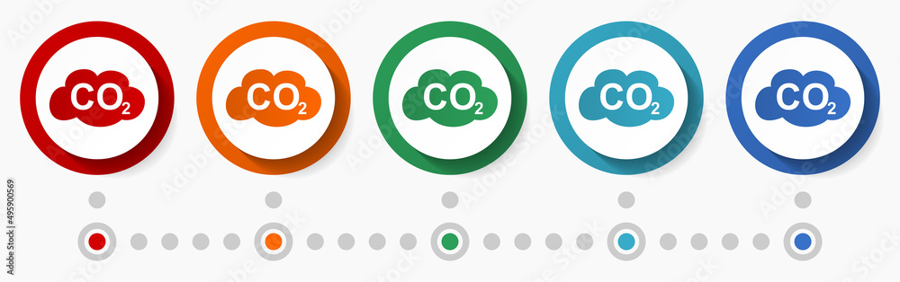 Aufkleber carbon dioxide, co2 concept vector icon set, flat design colorful buttons, infographic template in 5