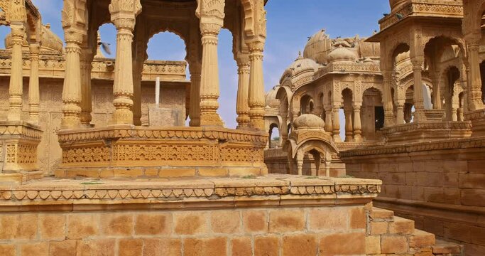 Bada bagh cenotaphs (Hindu tomb mausoleum) made of sandstone in Indian Thar desert. Jaisalmer, Rajasthan, India