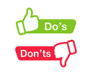 Do and Don't icons. Like and dislike symbols. Positive and negative signs. Thumb up and thumb down icon. Vector illustration.