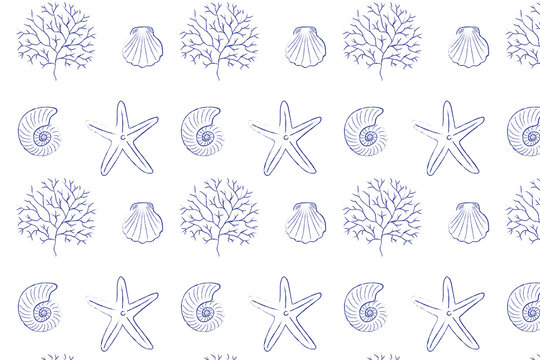Sea blue shell vector pattern seamless 