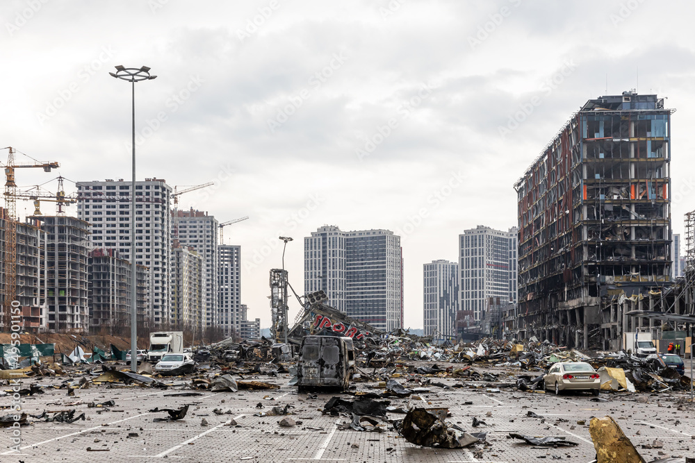 Wall mural War in Ukraine. Damaged shopping center in Kyiv