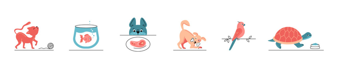 Vector illustration of cartoon pets icons on white background.