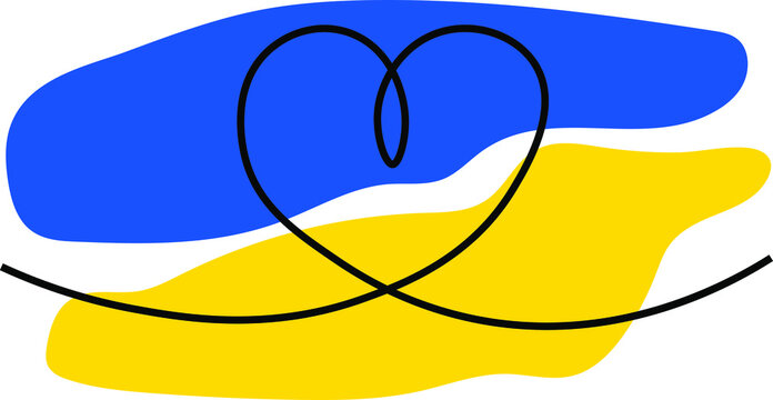 Illistration flag of Ukraine blue and yellow colors and heart one line design