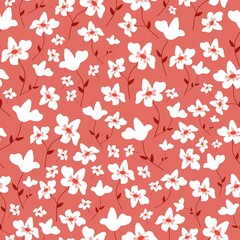 Seamless vintage pattern. White flowers, red leaves. coral background. vector texture. fashionable print for textiles, wallpaper and packaging.