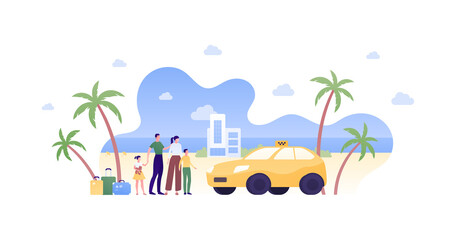 Tourism, travel and taxi service concept. Vector flat people illustration. Tourist group of parents with boy and girl hold baggage waiting transfer car on beach and hotel building background.