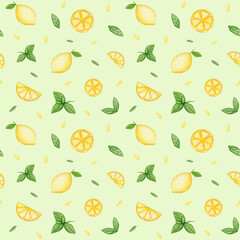 Watercolor seamless lemon pattern. Cute hand drawn with fruits.