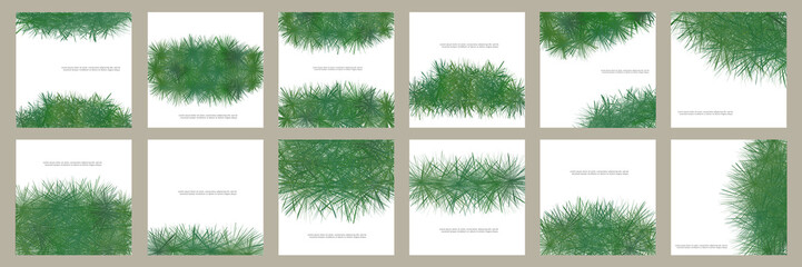 Green grass square border background spring set vector template. Abstract shrub composition for eco decorative design element. Organic greenery shape illustration frame, grassy cover, ecology card