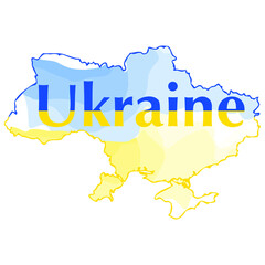 Vector abstract outline drawing of the map of Ukraine painted in yellow and blue colors of the flag of Ukraine with the inscription UKRAINE on a blom isolated background.Great print for a t-shirt. 