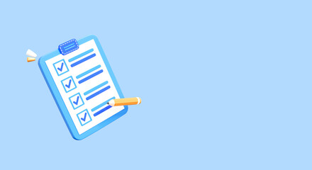 3D Clipboard with completed task list. Project plan document. Checklist with successfully completed business tasks. Isolated icon on blue background with empty copy space for promotion. 3D Rendering