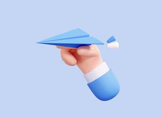 3D Hand holding Paper Airplane. Cartoon origami toy icon. Send email or message concept. Handmade paper plane. Isolated on blue background. 3D Rendering