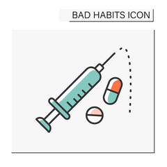 Drug injections color icon. Intravenous drug abuse. Unhealthy addiction. Narcotic.Bad habits concept. Isolated vector illustration
