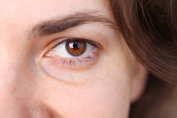 Naklejka premium Close-up female face, girl with beautiful brown eyes and hair, natural beauty without the use of cosmetics.