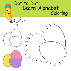 Learning the uppercase letters of English alphabet with cute cartoon Easter Eggs. Dot to dot game with letters for kids. Logic Game and Coloring Page for preschool. Worksheet for practicing alphabet.