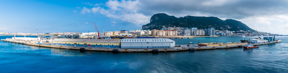 A panorama view outside the harbour towards Gibraltar on a spring day
