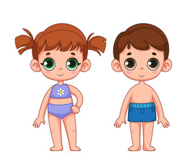 Cute little girl in a bathing suit and a boy in swimming trunks. Set of children in beach clothes. Family, brother and sister. Children's illustration of a child. Vector illustration in cartoon style