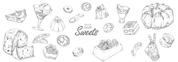 Hand drawn vector italian dessert, sweets set