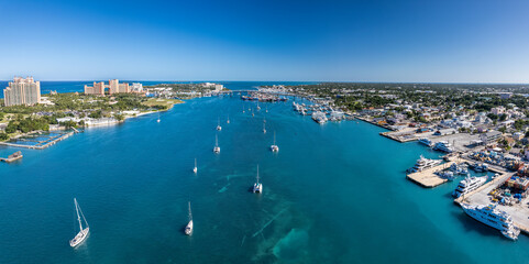 The drone panoramic view of Paradise Island and downtown district of Nassau, Bahamas.