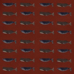 Seamless pattern with big whales on red background. Ocean animals illustration for fabric, wallpapers, textile, paper design, nursing, kids design.