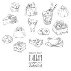 Hand drawn vector italian dessert, sweets set