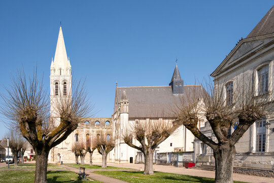 Abbey church Belli Locus in Beaulieu les Loches on a sunny winter afternoon, Touraine, France