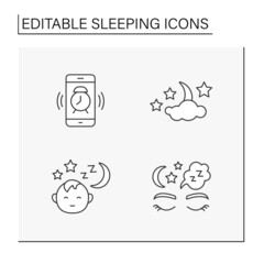 Sleeping line icons set. Nighttime with moon, stars and cloud. Alarm clock. Sleep in comfortable bed. Deep resting concept. Isolated vector illustrations. Editable stroke