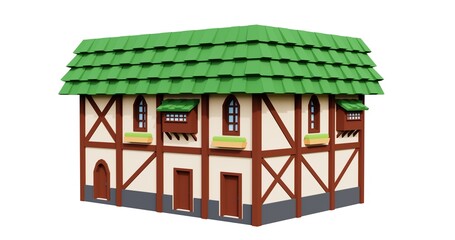 Medieval green roof 2-floor house 3d rendering. Fantasy building illustration. Perspective architecture.
