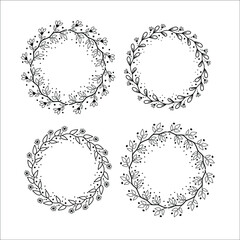 Set of floral round frames on a white background. Vector illustration.